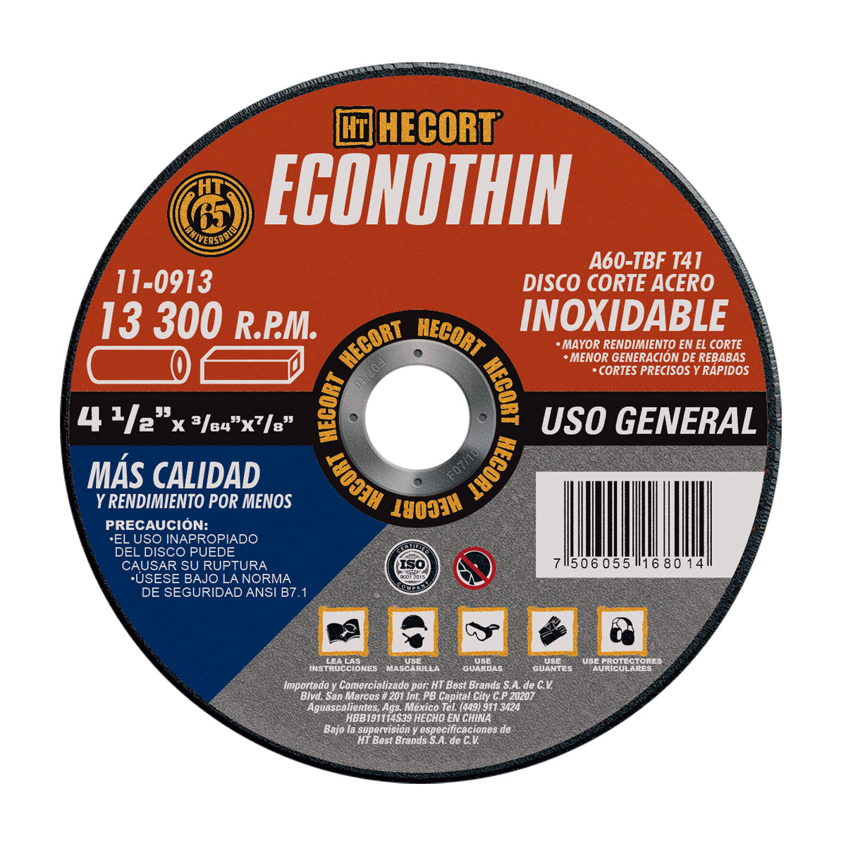 DISCO CORTE ACERO INOXIDABLE  4 1/2" X 3/64" X 7/8"  USO GENERAL